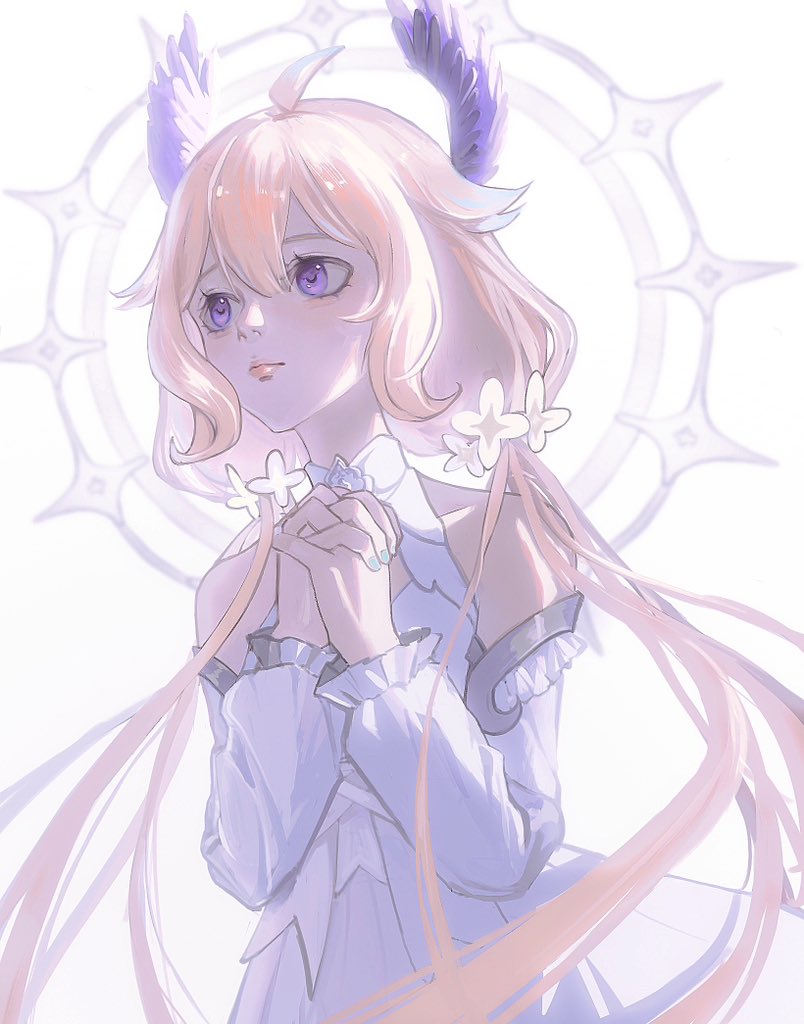 1girl, aboutnatsu, ahoge, blonde_hair, detached_sleeves, dress, enna_alouette, flower, hair_flower, hair_ornament, head_wings, long_hair, low_twintails, nijisanji, nijisanji_en, purple_wings, solo, twintails, very_long_hair, violet_eyes, virtual_youtuber, white_dress, white_flower, white_sleeves, wings