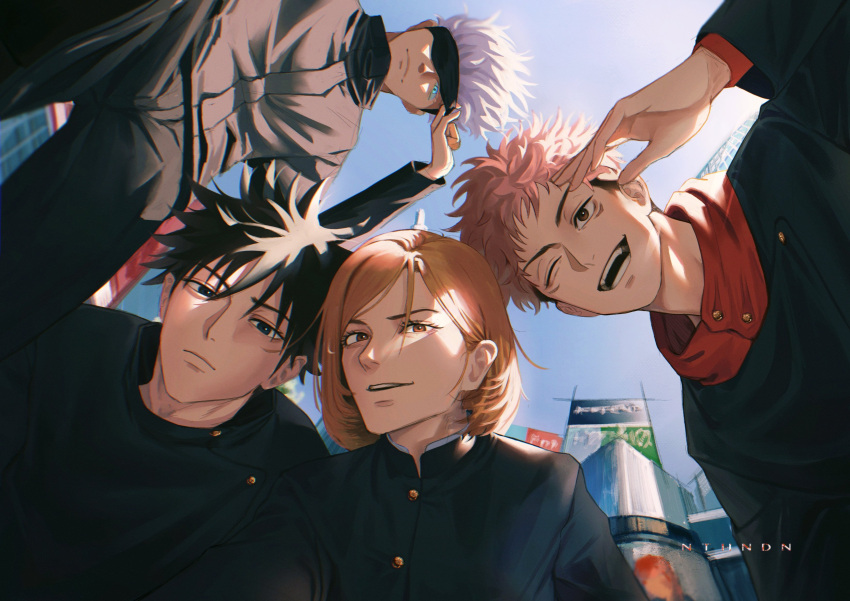 1girl, 3boys, absurdres, black_blindfold, black_hair, black_jacket, black_pants, blindfold