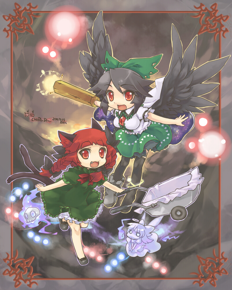 animal_ears, asymmetrical_clothes, black_hair, bow, braid, cat_ears, cat_tail, eriku_(aoi_tori)