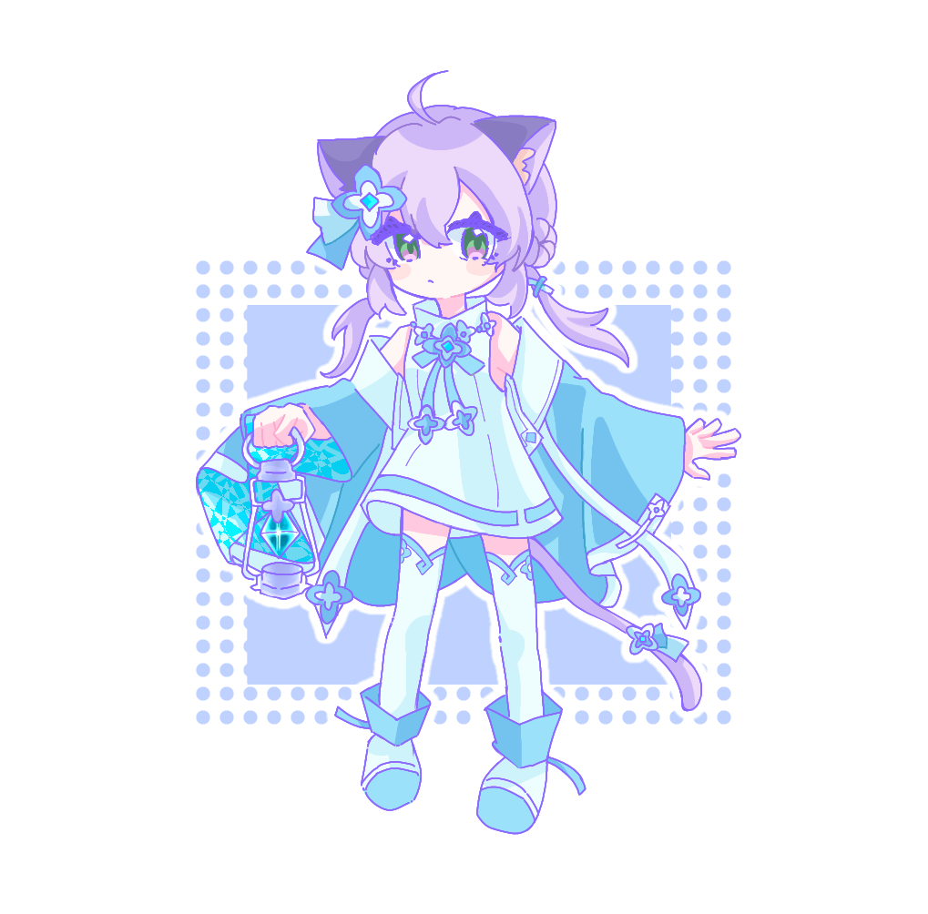 1girl, ahoge, animal_ear_fluff, animal_ears, blue_sleeves, blush_stickers, cat_ears, cat_girl
