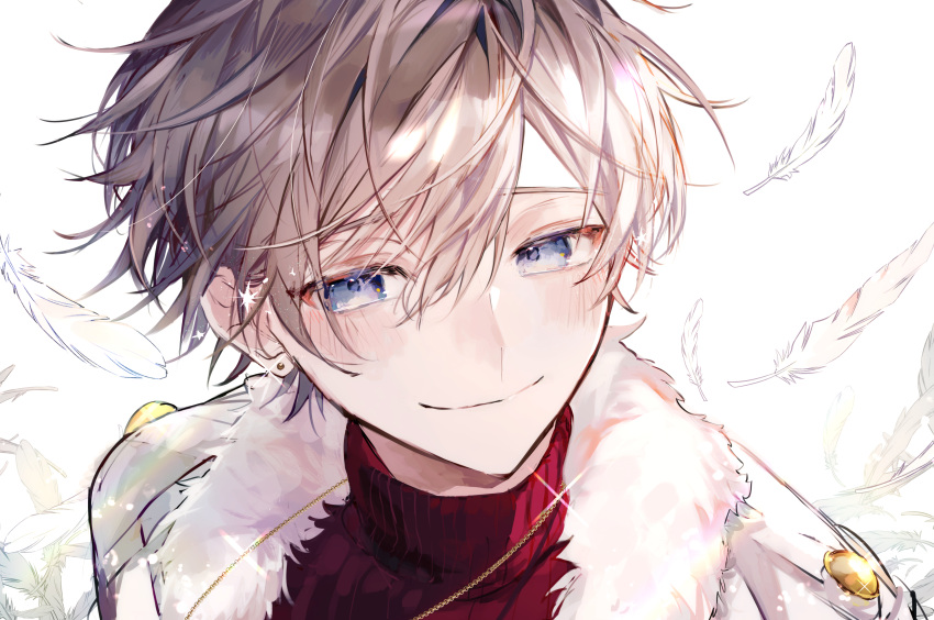 1boy, absurdres, blue_eyes, blush, closed_mouth, coat, feathers, fur-trimmed_coat