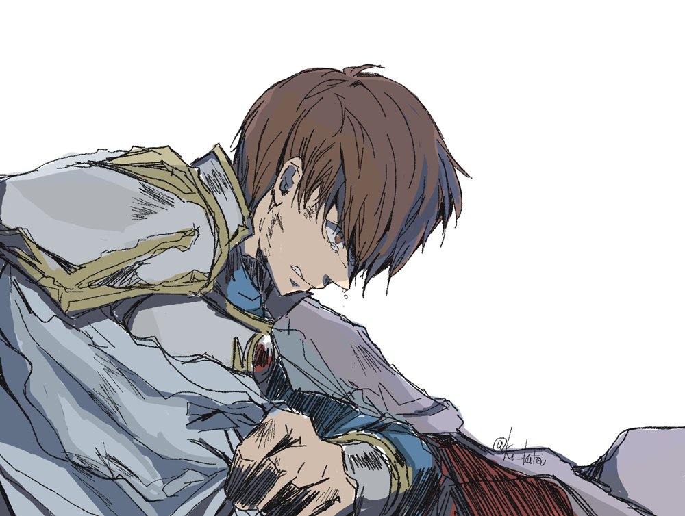 1boy, armor, breastplate, brown_eyes, brown_hair, clenched_teeth, commentary_request, crying