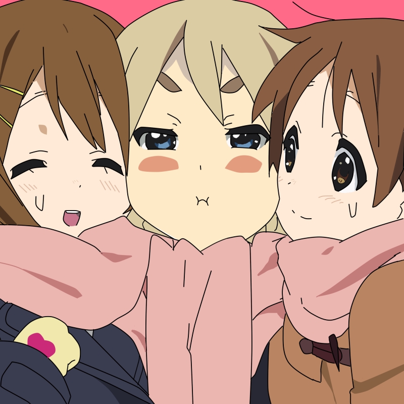 cheek_to_cheek, hirasawa_ui, hirasawa_yui, k-on!, kotobuki_tsumugi, multiple_girls, porinkii, scarf, shared_scarf