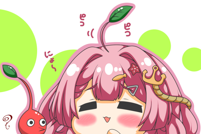 1girl, 1other, anchor_hair_ornament, blush, chibi, closed_eyes, crossover, fish_hair_ornament, hair_intakes, hair_ornament, hand_up, indie_virtual_youtuber, kurukurumagical, misaki_nagi, motion_lines, outline, pikmin_(series), pink_hair, pink_outline, red_pikmin, star_(symbol), star_hair_ornament, thick_eyebrows, translation_request, virtual_youtuber, white_background
