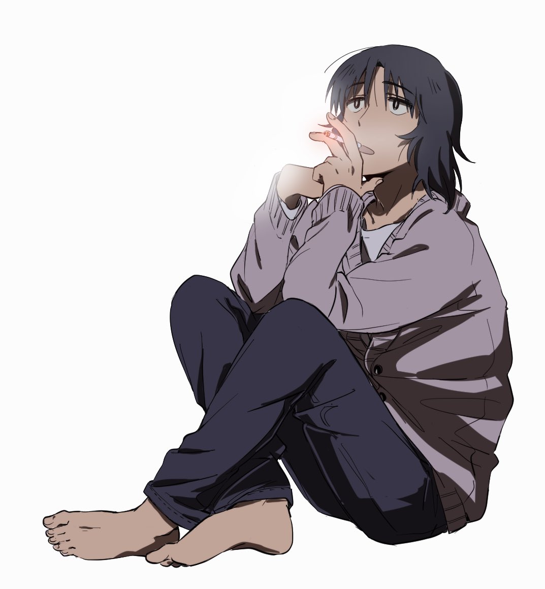 1boy, barefoot, black_eyes, black_hair, black_pants, cigarette, full_body, grey_sweater