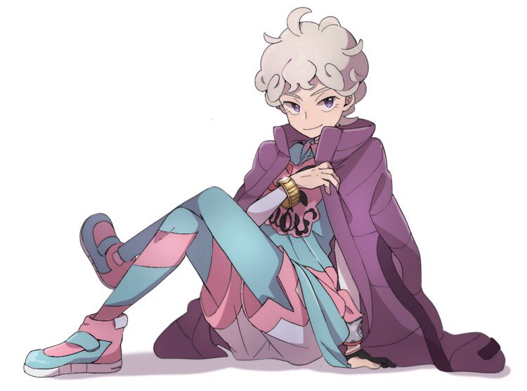 1boy, ahoge, arm_support, bede_(pokemon), blue_pants, closed_mouth, coat, coat_on_shoulders