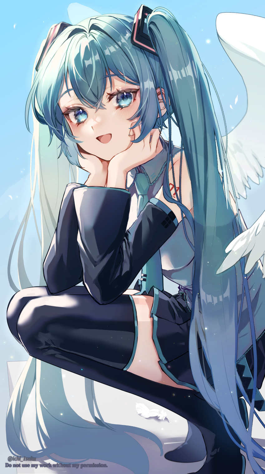 1girl, absurdres, angel_wings, aqua_eyes, aqua_hair, aqua_necktie, black_footwear, black_skirt