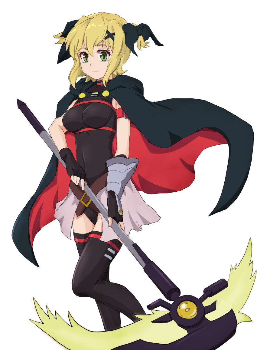 1girl, akatsuki_kirika, belt, black_leotard, blonde_hair, blush, breasts, cape
