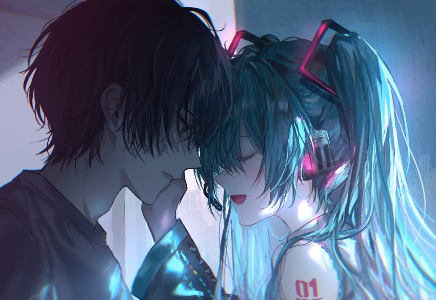 1boy, 1girl, asano_(kazusasn), black_hair, black_sleeves, blue_hair, closed_eyes, hand_on_another's_cheek