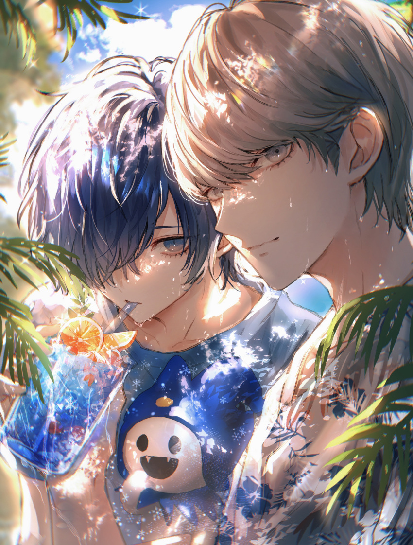 2boys, asano_(kazusasn), blue_eyes, blue_hair, blue_shirt, drinking, drinking_straw, drinking_straw_in_mouth