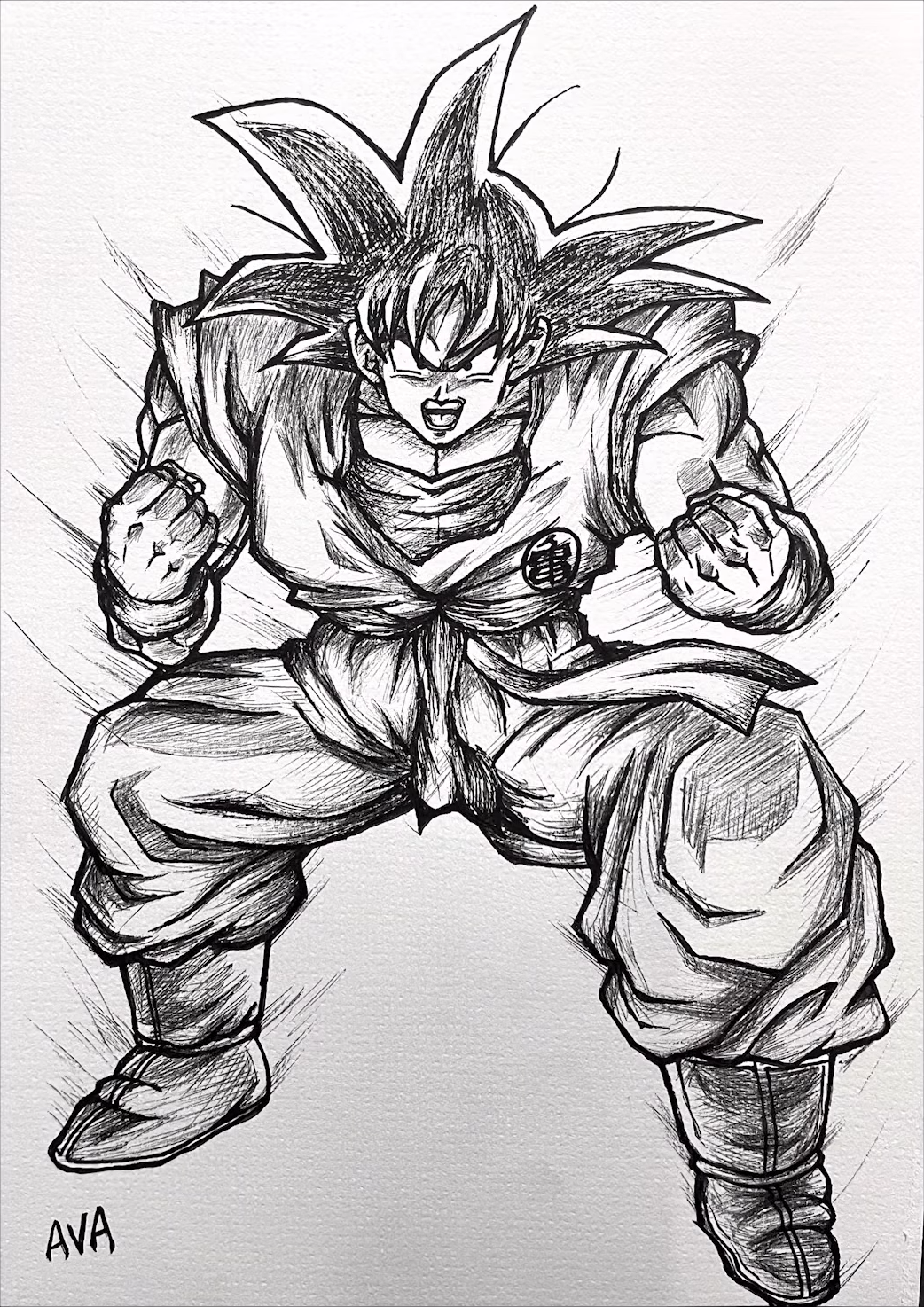 1boy, boots, clenched_hands, commentary, crosshatching, dougi, dragon_ball, dragon_ball_z, draw_with_aid, english_commentary, full_body, furrowed_brow, greyscale, hatching_(texture), highres, making-of_available, male_focus, marker_(medium), monochrome, muscular, muscular_male, open_mouth, serious, signature, solo, son_goku, squatting, traditional_media, video_crop, wristband
