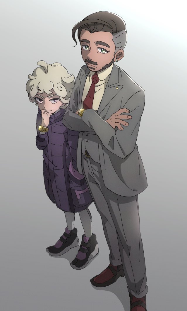 2boys, bede_(pokemon), black_footwear, black_hair, blonde_hair, business_suit, closed_mouth, coat