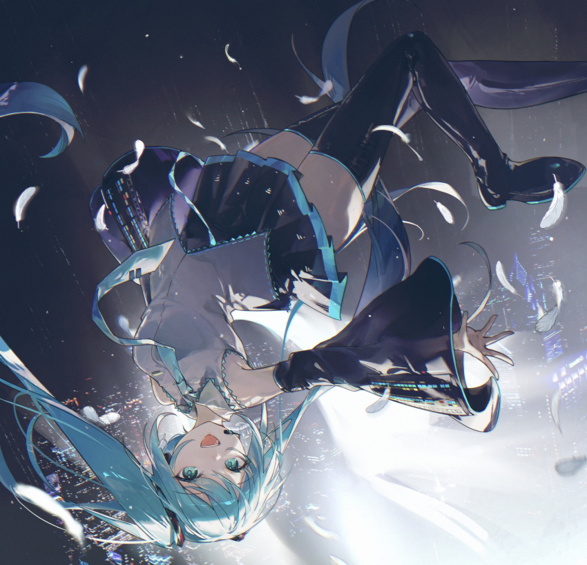 1girl, :d, absurdres, amari, aqua_eyes, aqua_hair, aqua_nails, aqua_necktie, black_sleeves, boots, building, detached_sleeves, feathers, hatsune_miku, highres, necktie, pleated_skirt, skirt, skyscraper, smile, thigh_boots, upside-down, vocaloid, white_feathers