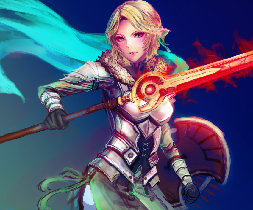 1girl, absurdres, armor, black_gloves, blonde_hair, breastplate, cape, dark_background