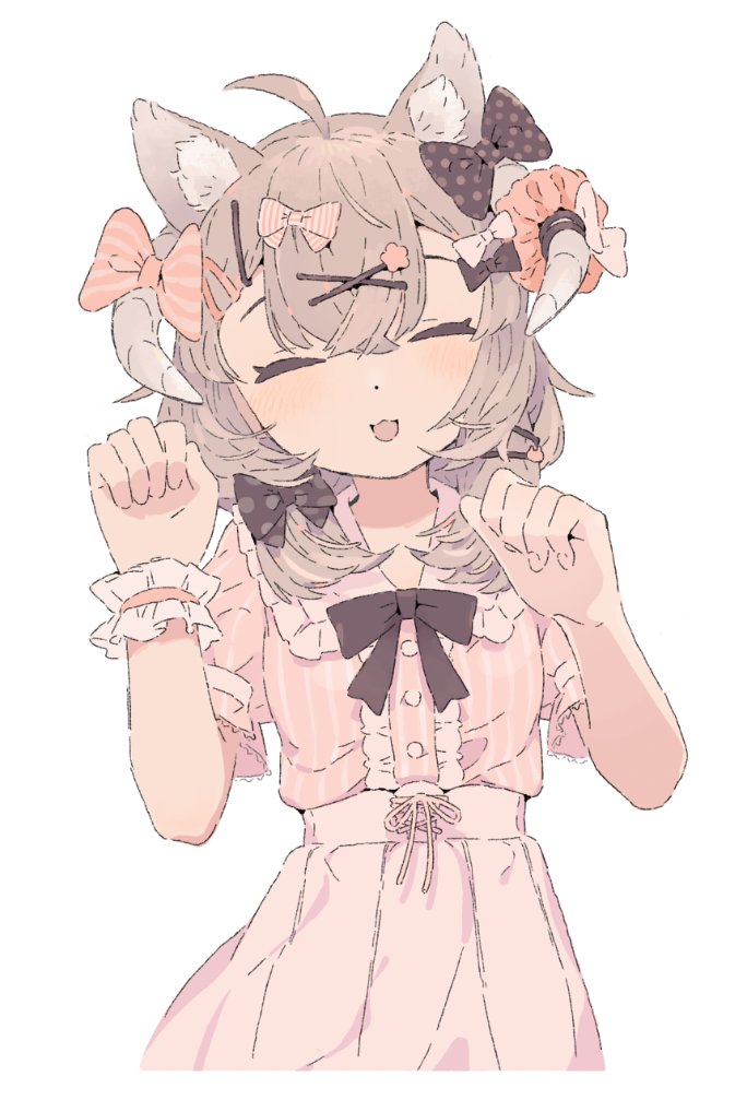 1girl, :3, ahoge, animal_ear_fluff, animal_ears, blouse, blush, bow