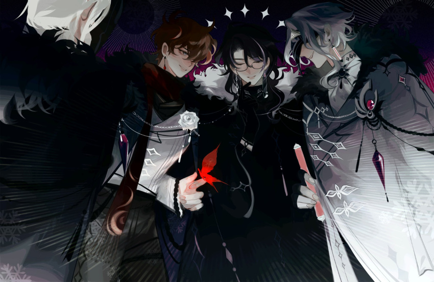 2boys, 2girls, arlecchino_(genshin_impact), black_gloves, black_hair, bug, butterfly, closed_eyes, closed_mouth, coat, eyewear_strap, flower, fur-trimmed_coat, fur_trim, genshin_impact, glasses, gloves, hair_between_eyes, highres, jewelry, long_hair, long_sleeves, multiple_boys, multiple_girls, pantalone_(genshin_impact), red_butterfly, sandrone_(genshin_impact), short_hair, smile, tartaglia_(genshin_impact), white_flower, white_hair, yionyi23