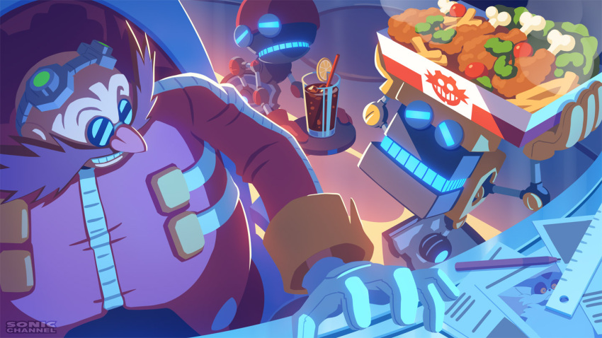 big_the_cat, chicken_(food), commentary_request, cubot, cup, dr._eggman, drinking_straw, facial_hair, food, french_fries, fruit, glasses, gloves, goggles, goggles_on_head, lime_(fruit), lime_slice, long_sleeves, looking_at_another, male_focus, mustache, official_art, orbot, robot, ruler, sitting, smile, sonic_(series), uno_yuuji, white_gloves