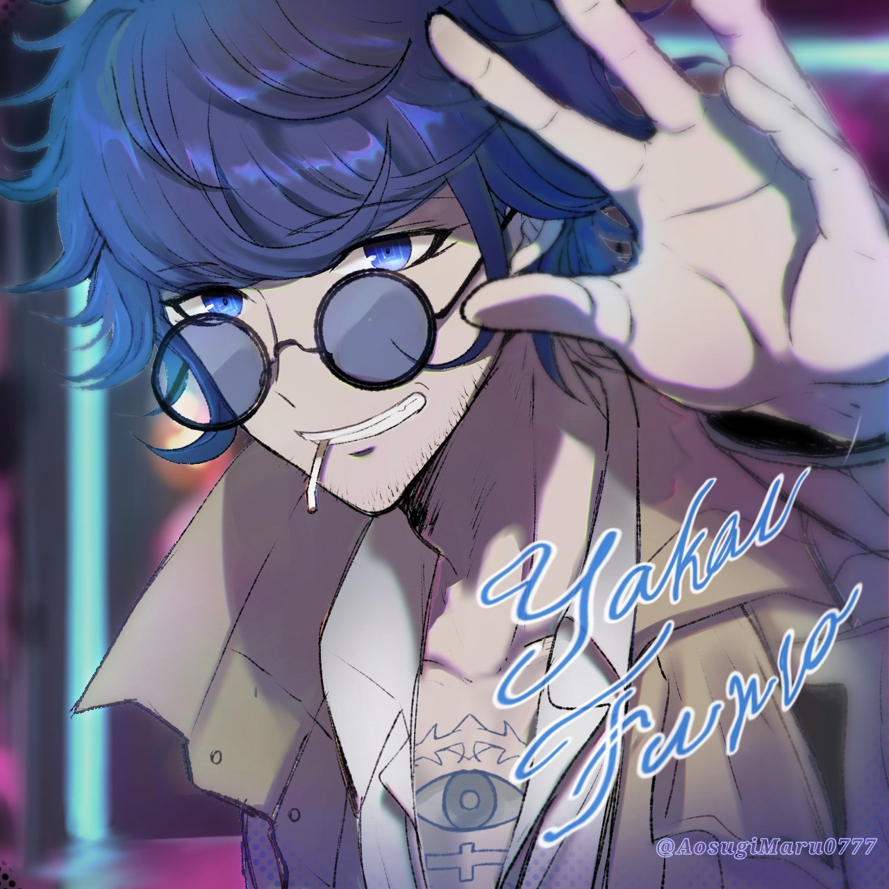 1boy, aosugi_maru, blue-tinted_eyewear, blue_eyes, blue_hair, blurry, blurry_background, brown_coat