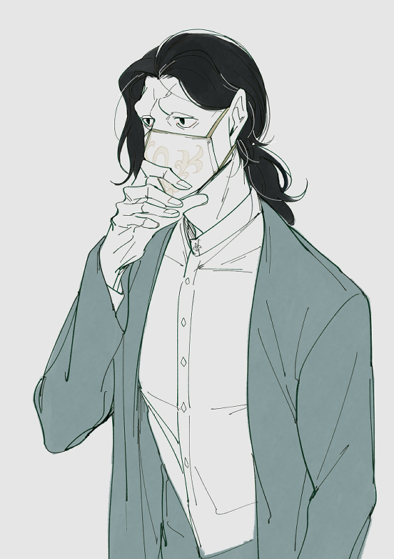 1boy, 2gno082, alternate_costume, black_hair, contemporary, coughing, covering_mouth, fate/grand_order