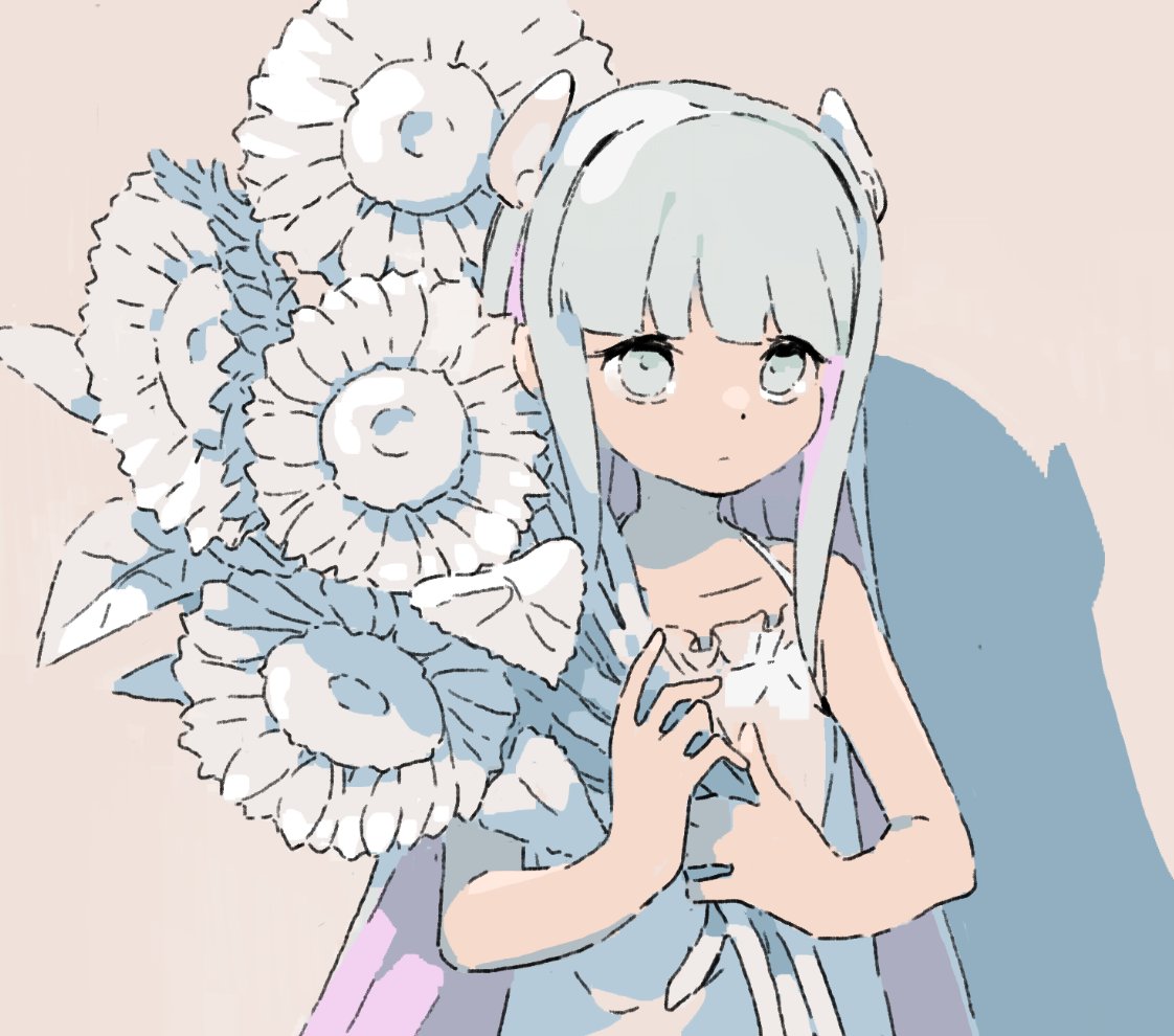 1girl, blue_eyes, blue_hair, blunt_bangs, bouquet, closed_mouth, commentary_request, expressionless