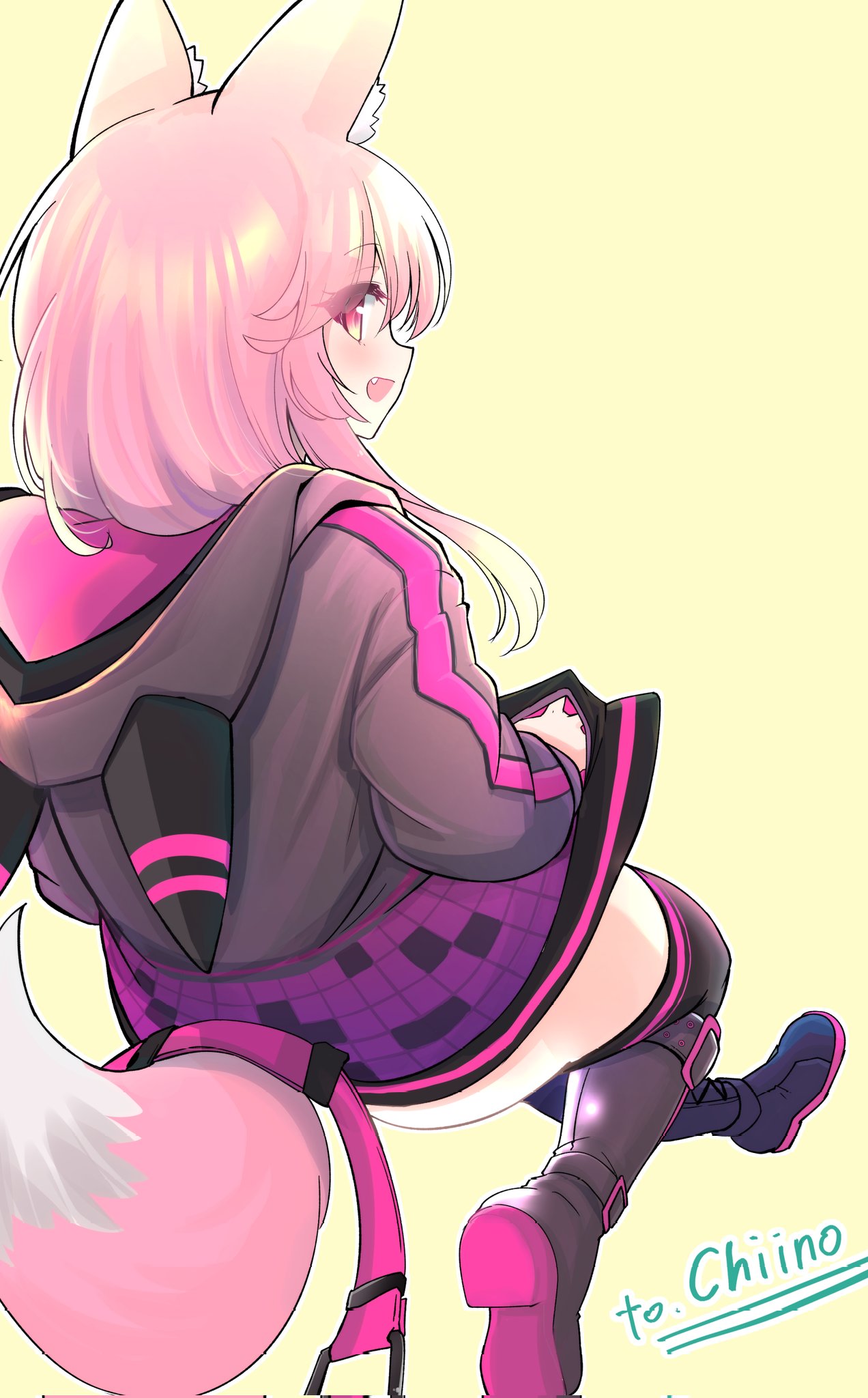 1girl, :d, animal_ears, animal_hood, black_footwear, black_jacket, black_thighhighs, boots