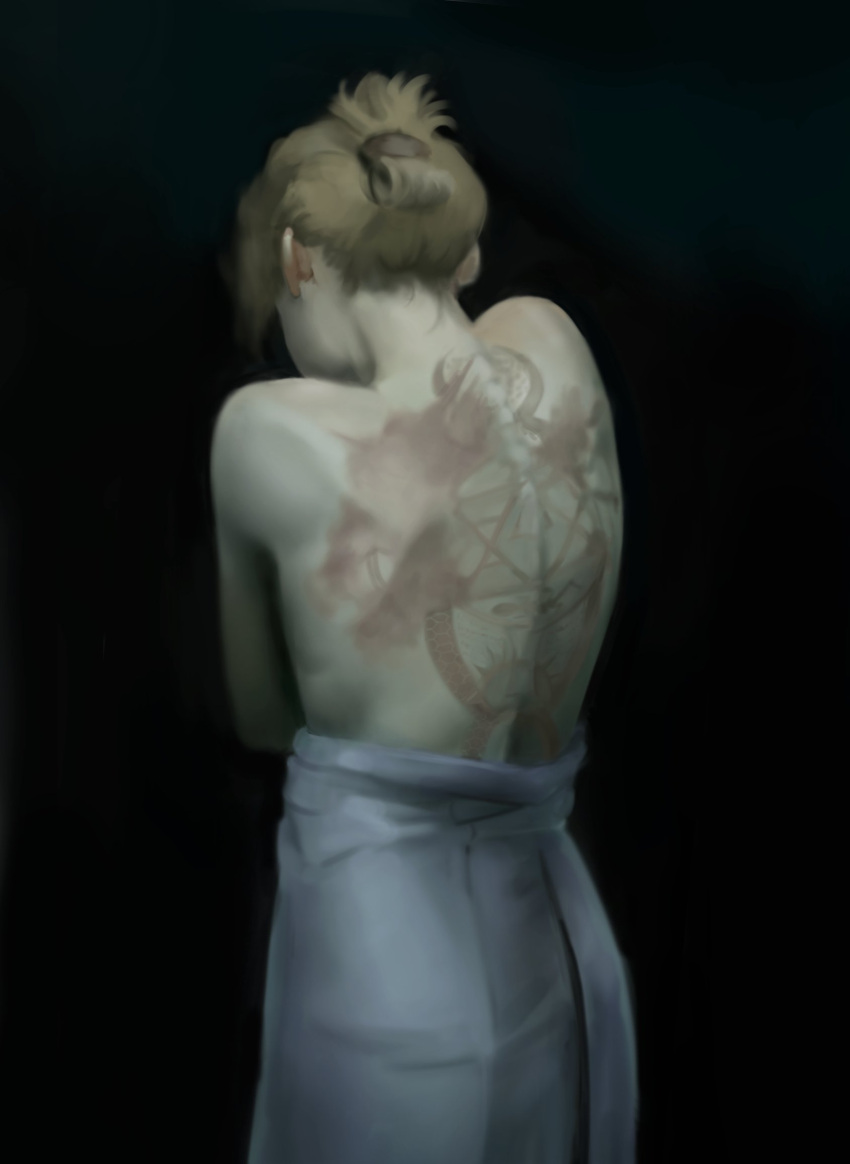 1girl, back, back_focus, back_tattoo, bare_back, bare_shoulders, black_background, blonde_hair