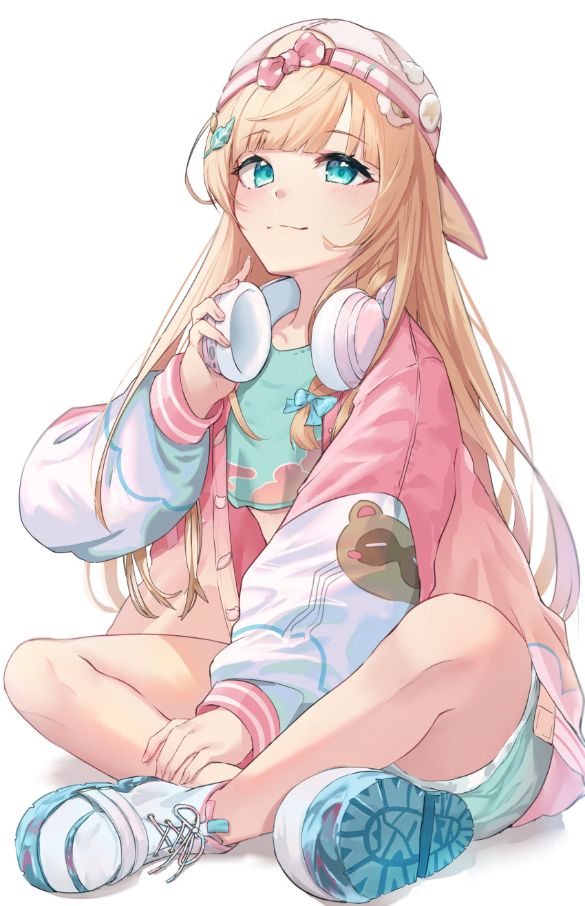 1girl, absurdres, almico, backwards_hat, blonde_hair, blue_eyes, crop_top, crossed_legs, hat, headphones, headphones_around_neck, highres, hololive, jacket, kazama_iroha, kazama_iroha_(3rd_costume), long_hair, midriff, pink_jacket, shoes, shorts, sitting, sneakers, virtual_youtuber