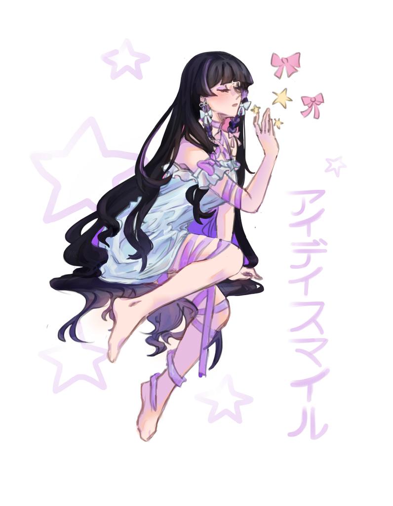 1girl, alternate_costume, barefoot, black_hair, closed_eyes, commentary, english_commentary, id_smile_(vocaloid), long_hair, meloco_kyoran, nijisanji, nijisanji_en, purple_ribbon, ribbon, sen_(senustra), solo, star_(symbol), very_long_hair, virtual_youtuber