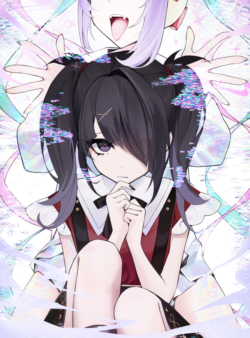 2girls, absurdres, ame-chan_(needy_girl_overdose), behind_another, black_hair, black_nails, black_ribbon, black_skirt