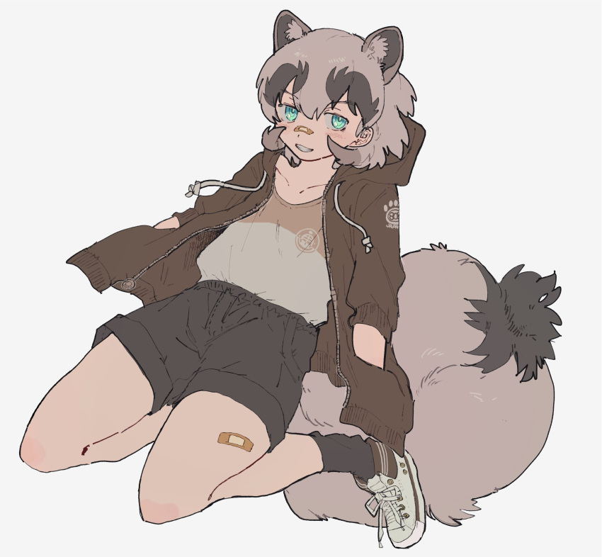 1girl, alternate_costume, animal_ears, bandaid, bandaid_on_face, bandaid_on_leg, bandaid_on_nose, black_shorts