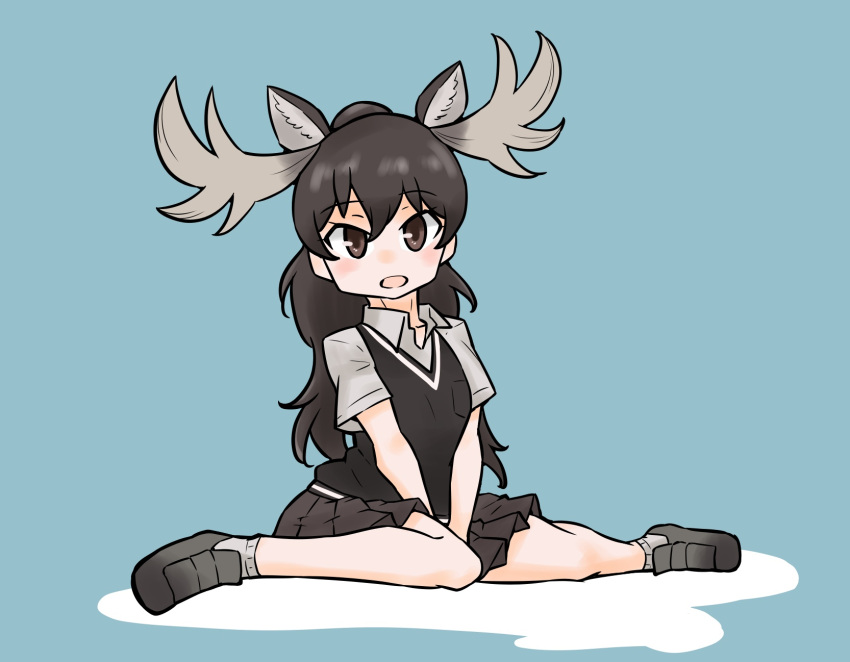 adapted_costume, alternate_hairstyle, animal_ears, antlers, blush, brown_eyes, brown_footwear, brown_skirt