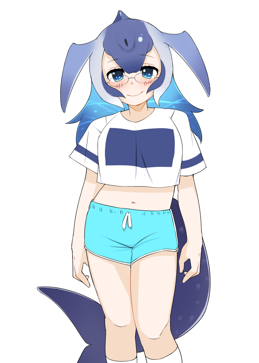 1girl, absurdres, alternate_costume, blowhole, blue_eyes, blue_hair, blue_shirt, blue_shorts