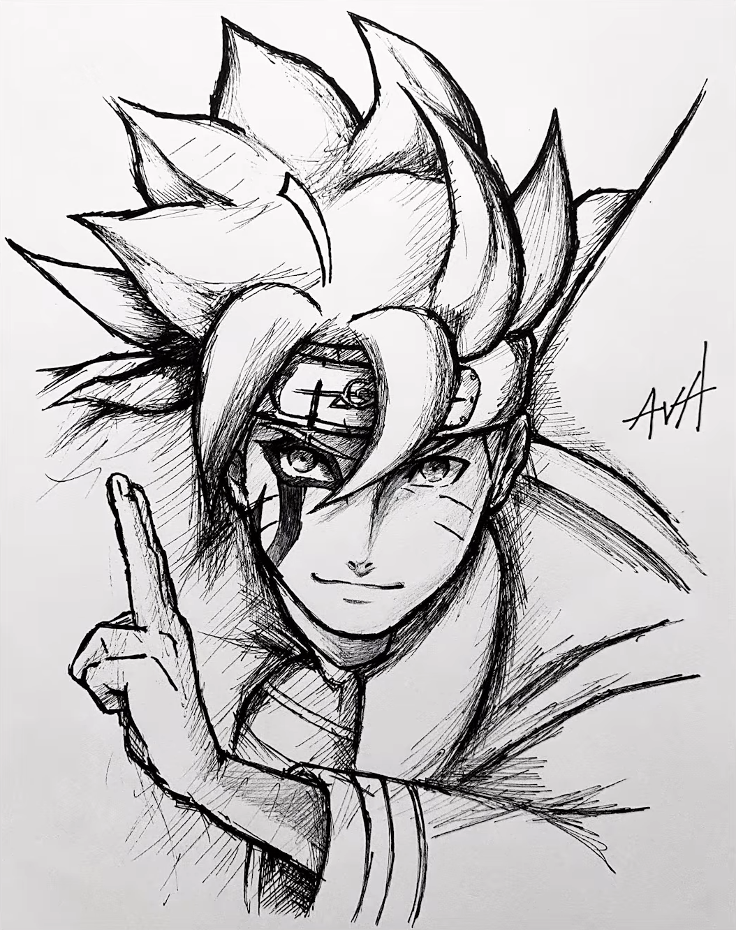 1boy, boruto:_naruto_next_generations, commentary, crosshatching, draw_with_aid, english_commentary, facial_mark, forehead_protector, hatching_(texture), highres, making-of_available, male_focus, marker_(medium), monochrome, naruto_(series), portrait, signature, sketch, smile, solo, traditional_media, uzumaki_boruto, video_crop, whisker_markings