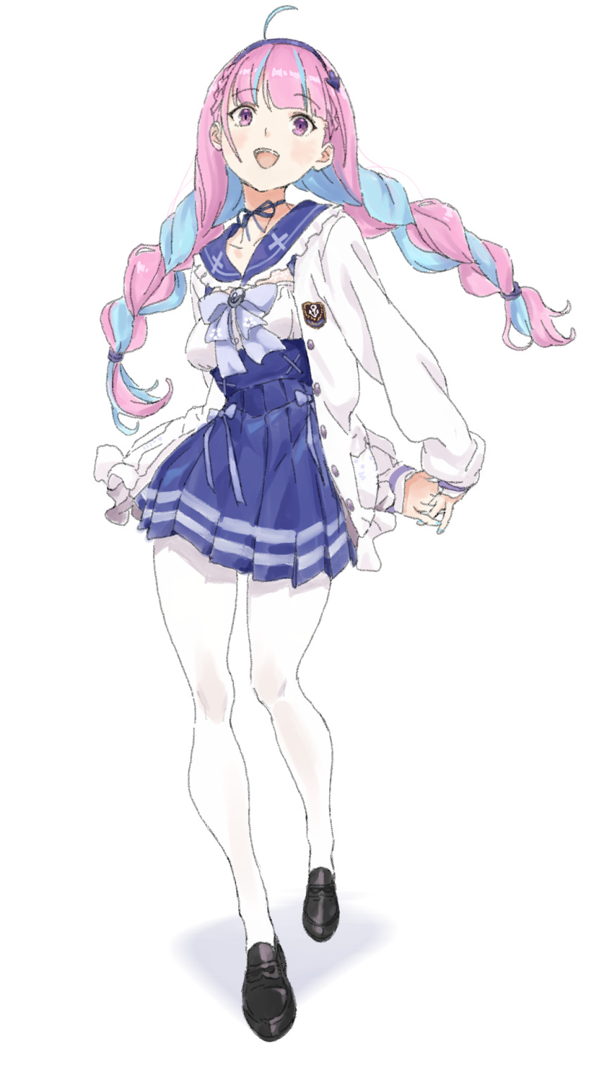 1girl, ahoge, anchor_hair_ornament, anchor_print, anchor_symbol, arm_behind_back, black_footwear, blue_hair