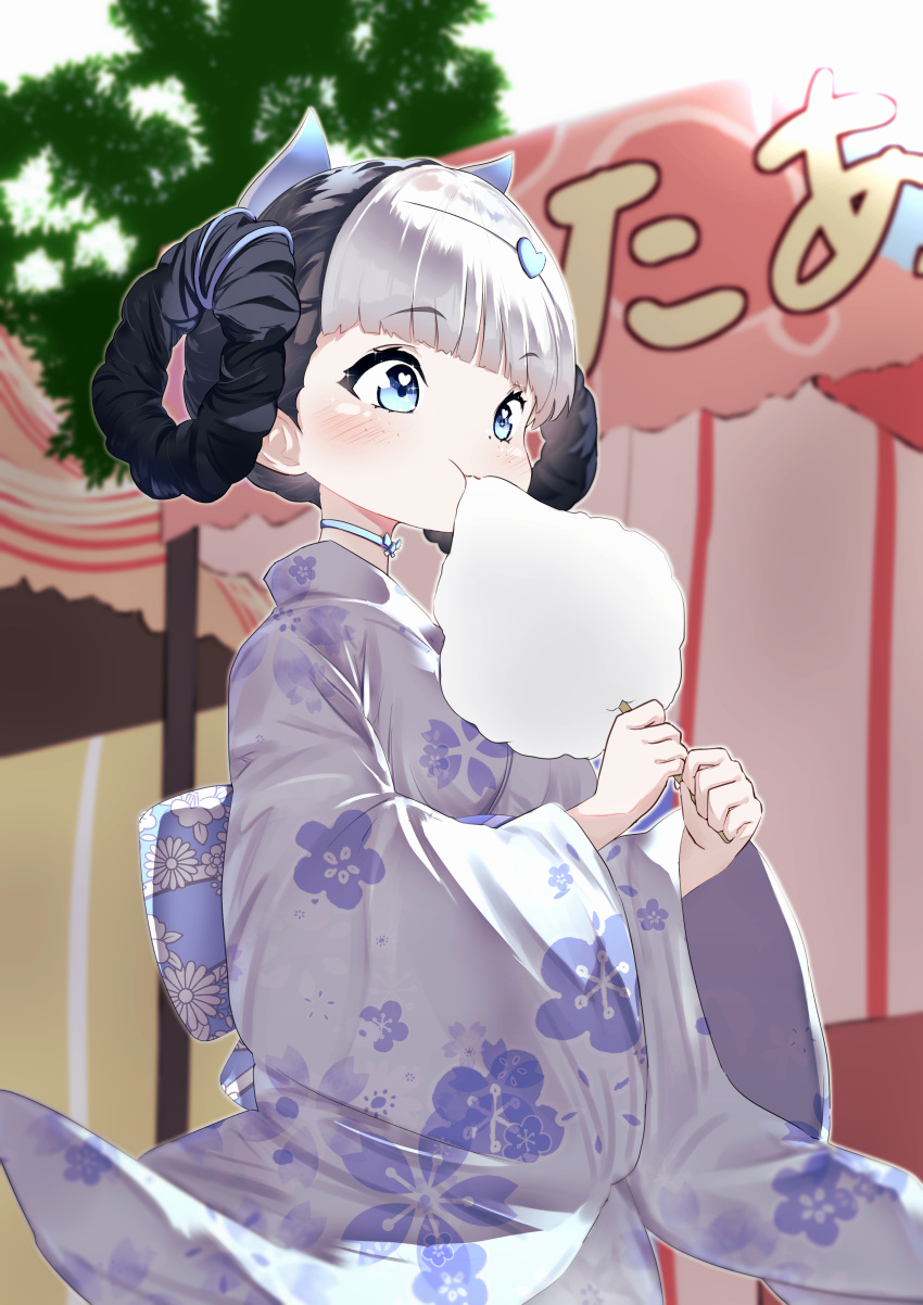 1girl, absurdres, animal_ears, bambinata_(punishing:_gray_raven), black_hair, blue_choker, blue_eyes, blush, braid, choker, commentary_request, cotton_candy, eating, fake_animal_ears, food, food_in_mouth, hair_ornament, heart, heart-shaped_pupils, heart_hair_ornament, highres, holding, holding_food, japanese_clothes, kimono, multicolored_hair, punishing:_gray_raven, solo, summer, symbol-shaped_pupils, takashi_san, twin_braids, two-tone_hair, white_hair, yukata