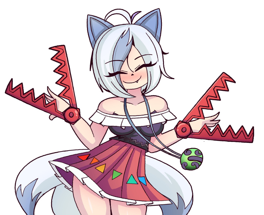 1girl, animal_ears, black_shirt, blush, breasts, closed_eyes, closed_mouth, commentary, cowboy_shot, dog_ears, dog_tail, english_commentary, facing_viewer, fang, foothold_trap, highres, jewelry, mitsugashira_enoko, multicolored_hair, off-shoulder_shirt, off_shoulder, pendant, purple_hair, rainbow_print, red_skirt, rui_hill, ruihill, shirt, simple_background, skirt, solo, streaked_hair, tail, touhou, triangle_print, white_background, white_hair