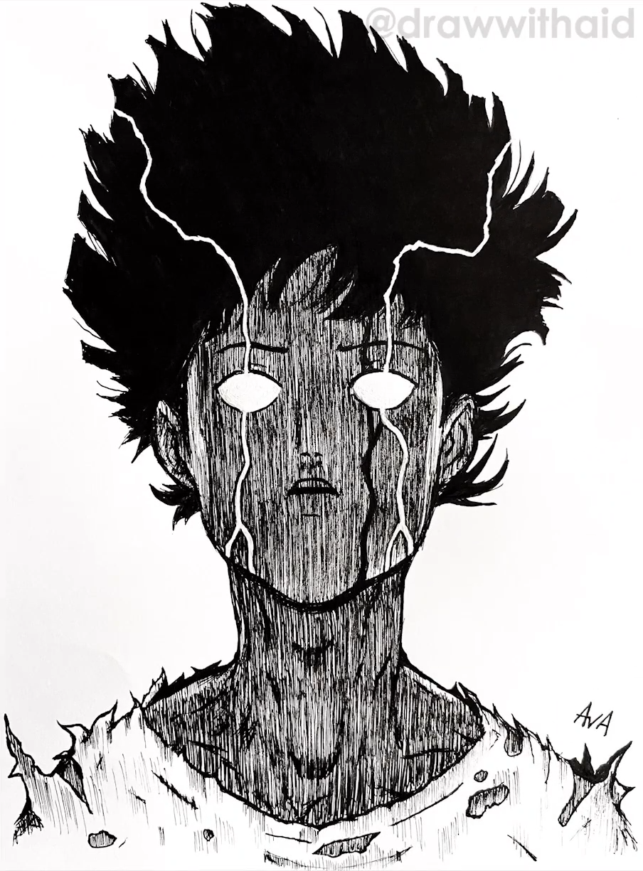 1boy, blank_eyes, blood, blood_on_face, commentary, draw_with_aid, english_commentary, hatching_(texture)