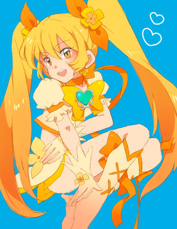 blonde_hair, blue_background, boots, choker, cure_sunshine, dress, futari_wa_precure, hair_ribbon