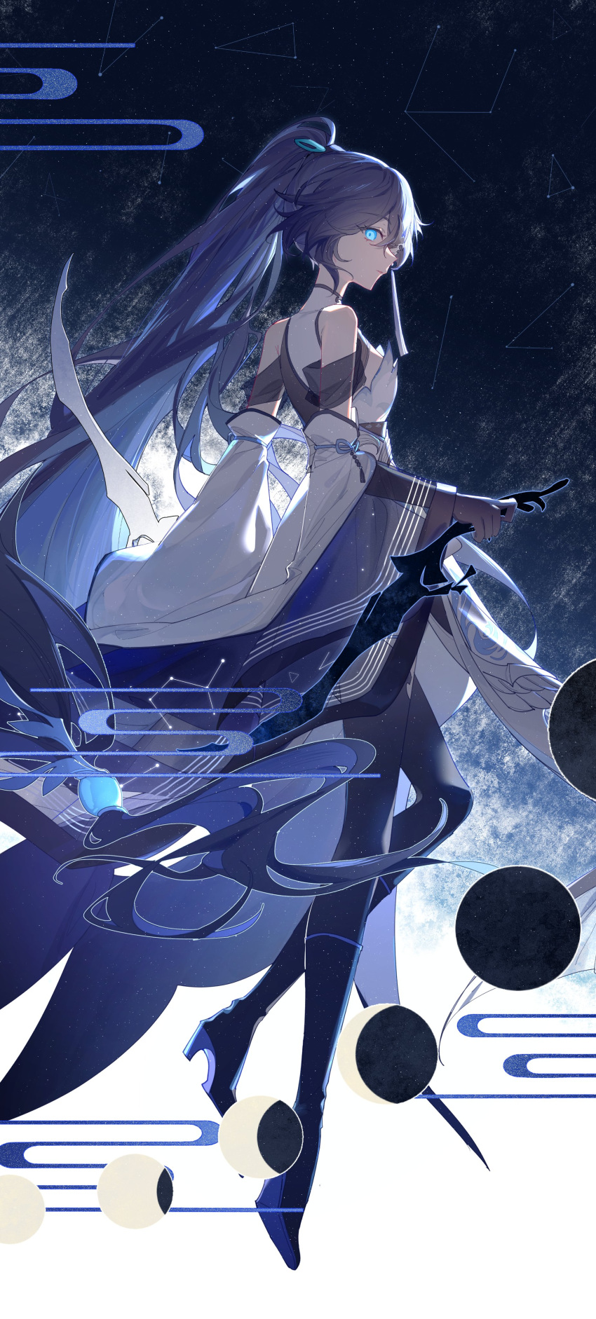 1girl, absurdres, alternate_costume, bare_shoulders, black_footwear, blue_eyes, breasts, brown_gloves