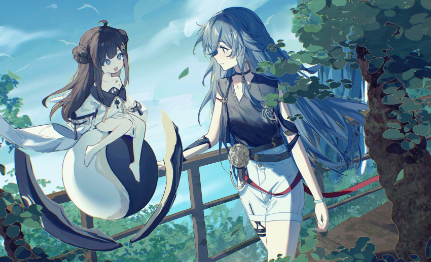 2girls, absurdres, ahoge, black_choker, black_shirt, blue_eyes, blue_sky, book_of_fuxi