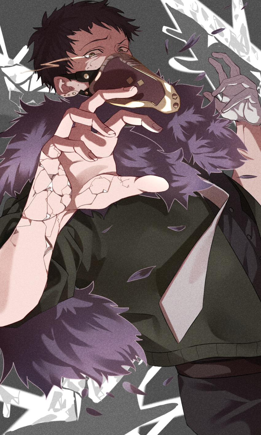 1boy, black_pants, boku_no_hero_academia, cracked_skin, ear_piercing, feather_trim, feathers, gloves
