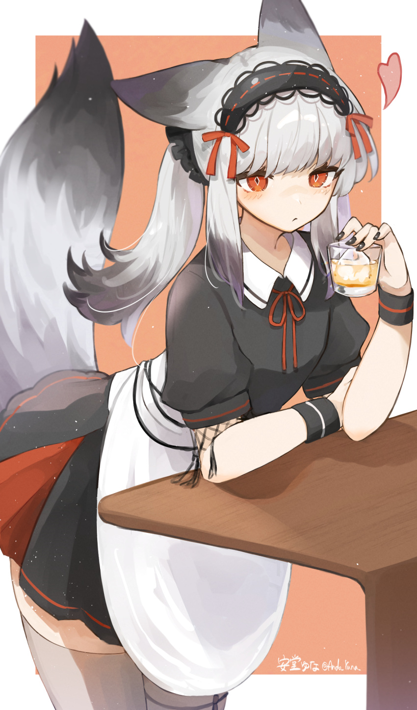 1girl, andou_yuna, animal_ears, arknights, artist_name, black_dress, black_hairband, black_wrist_cuffs, blush, cowboy_shot, cup, diamond-shaped_pupils, diamond_(shape), dress, drink, fox_ears, fox_girl, fox_tail, frostleaf_(arknights), grey_hair, grey_thighhighs, hairband, heart, highres, holding, holding_cup, holding_drink, looking_at_viewer, maid, neck_ribbon, red_eyes, red_ribbon, ribbon, sidelocks, solo, symbol-shaped_pupils, tail, thigh-highs, tumbler_glass, twintails, twitter_username