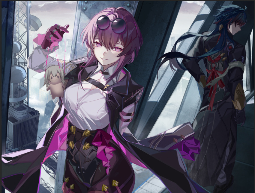 1boy, 1girl, black_coat, black_jacket, black_shorts, blade_(honkai:_star_rail), blue_hair, breasts