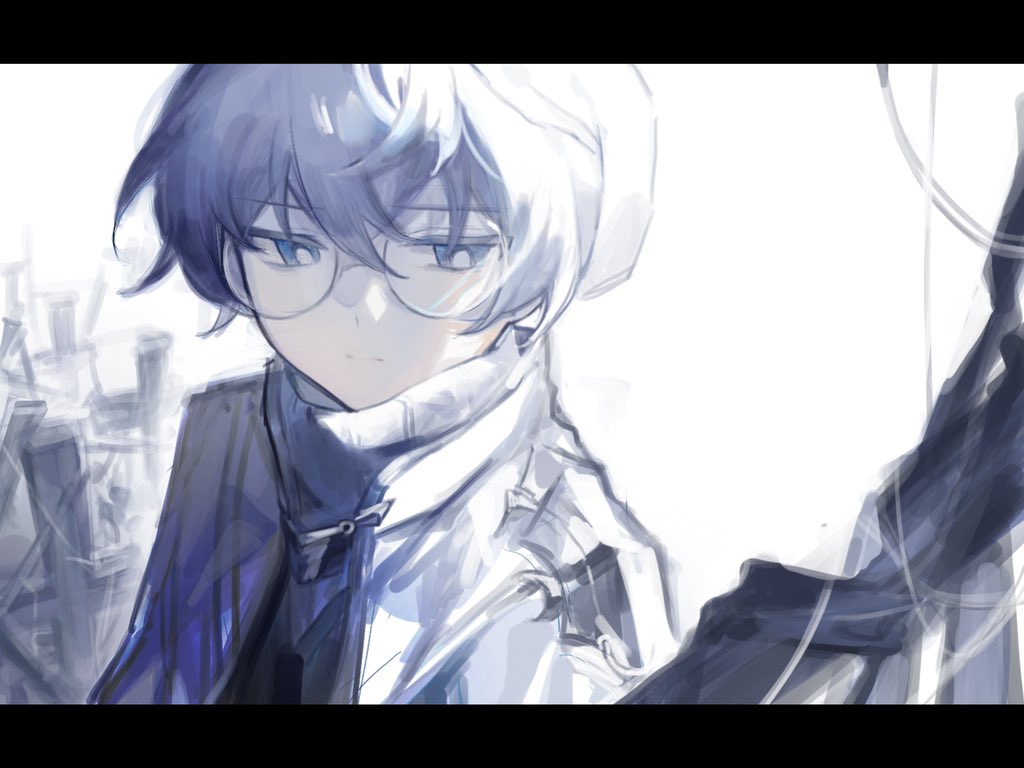 1boy, blue_eyes, bright_pupils, closed_mouth, coat, elsword, fructoseies, glasses