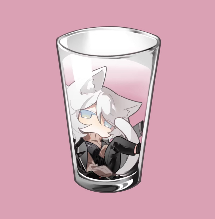 1girl, animal_ears, black_footwear, black_pants, black_vest, blue_eyes, brown_sweater, cat_ears