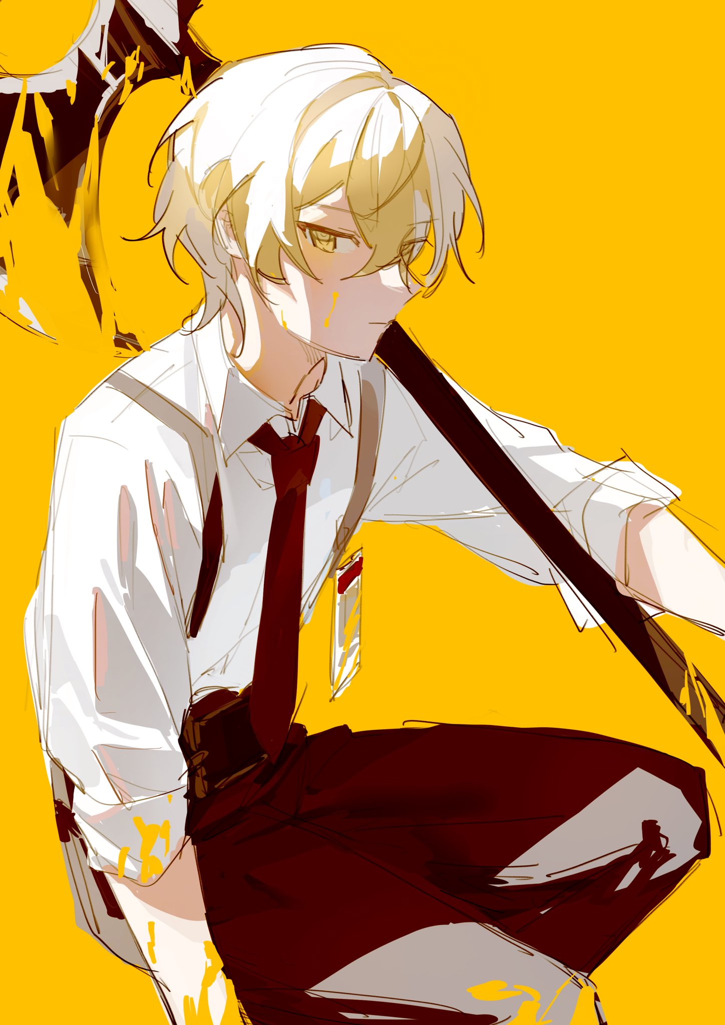 1boy, black_necktie, black_pants, blending, blonde_hair, closed_mouth, collared_shirt, fructoseies
