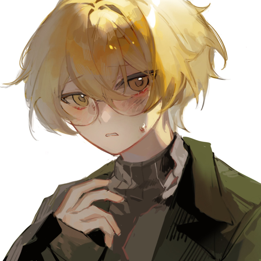 1boy, blonde_hair, blush, coat, fructoseies, glasses, green_coat, grey_sweater