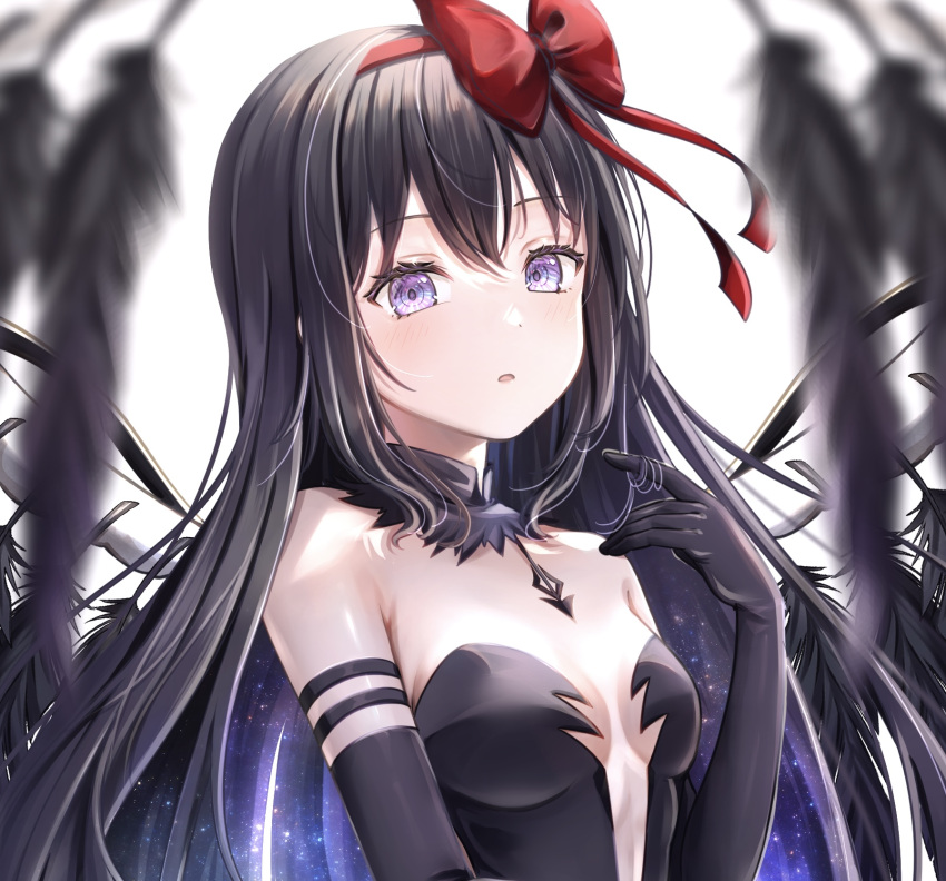 1girl, akemi_homura, akuma_homura, black_hair, black_wings, commentary_request, elbow_gloves, feathered_wings