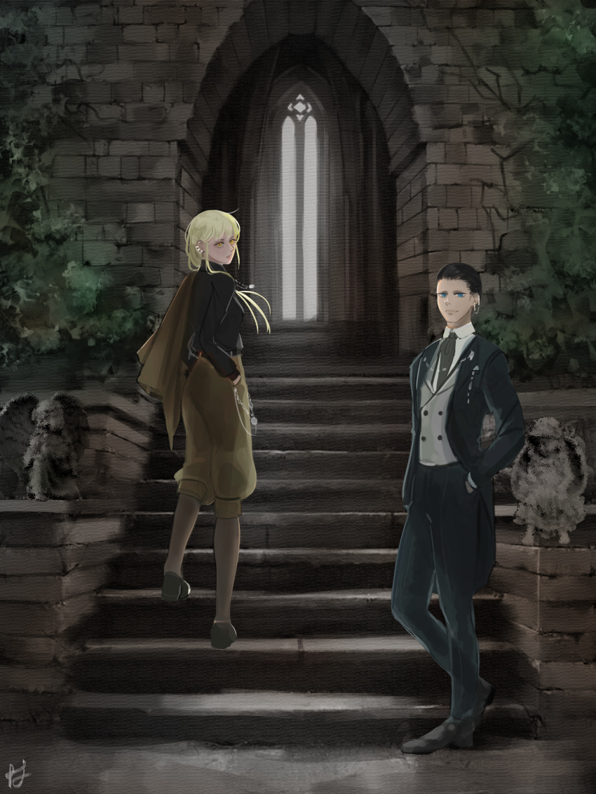 1boy, 1girl, absurdres, ashaf, belt, black_belt, black_hair, black_pants, blonde_hair, blue_eyes, closed_mouth, ear_piercing, earrings, guideau, hands_in_pockets, highres, jewelry, korean_commentary, majo_to_yajuu, multiple_earrings, necklace, p_jihwa, pants, piercing, stairs, standing, statue, tuxedo, vest