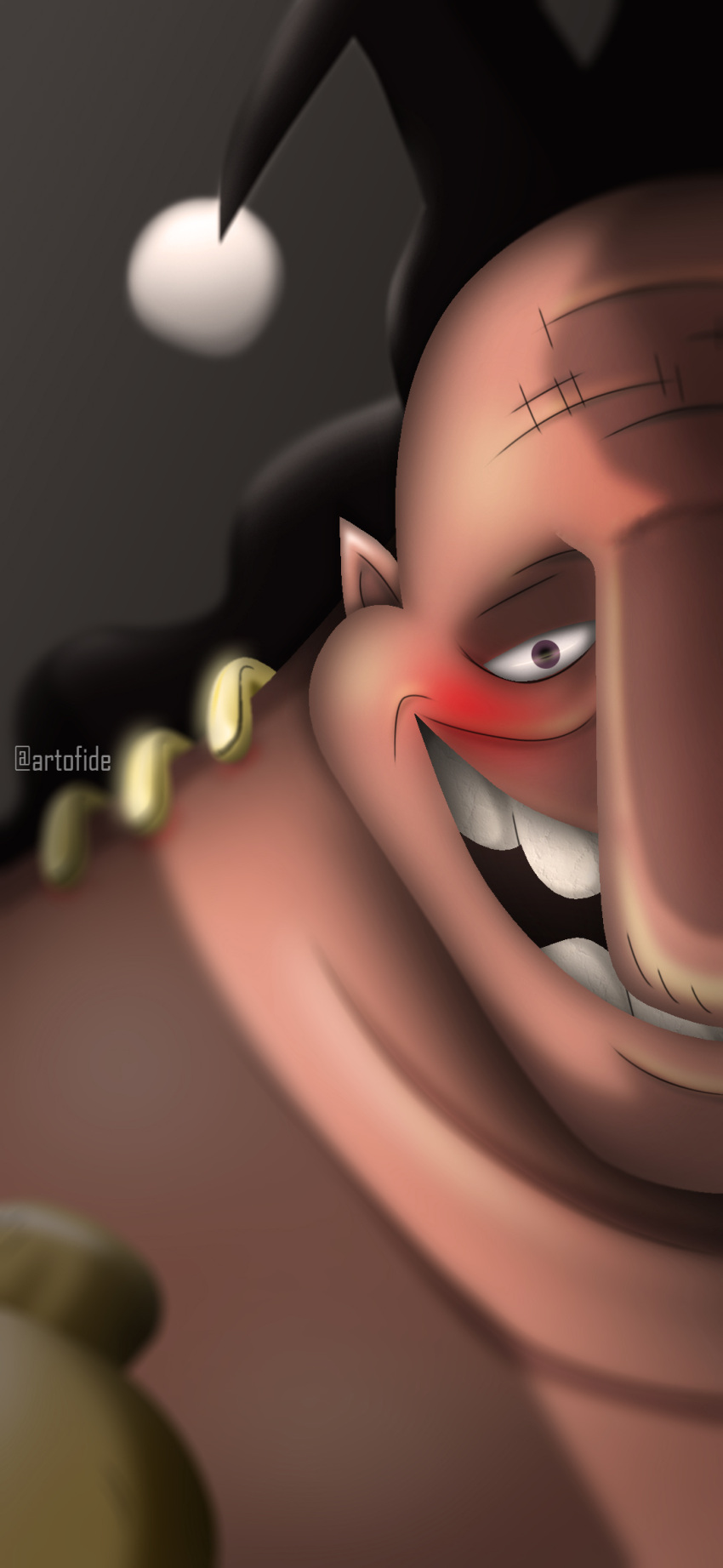 1boy, artist_name, artofide, big_nose, black_hair, black_headwear, blush, colored_skin